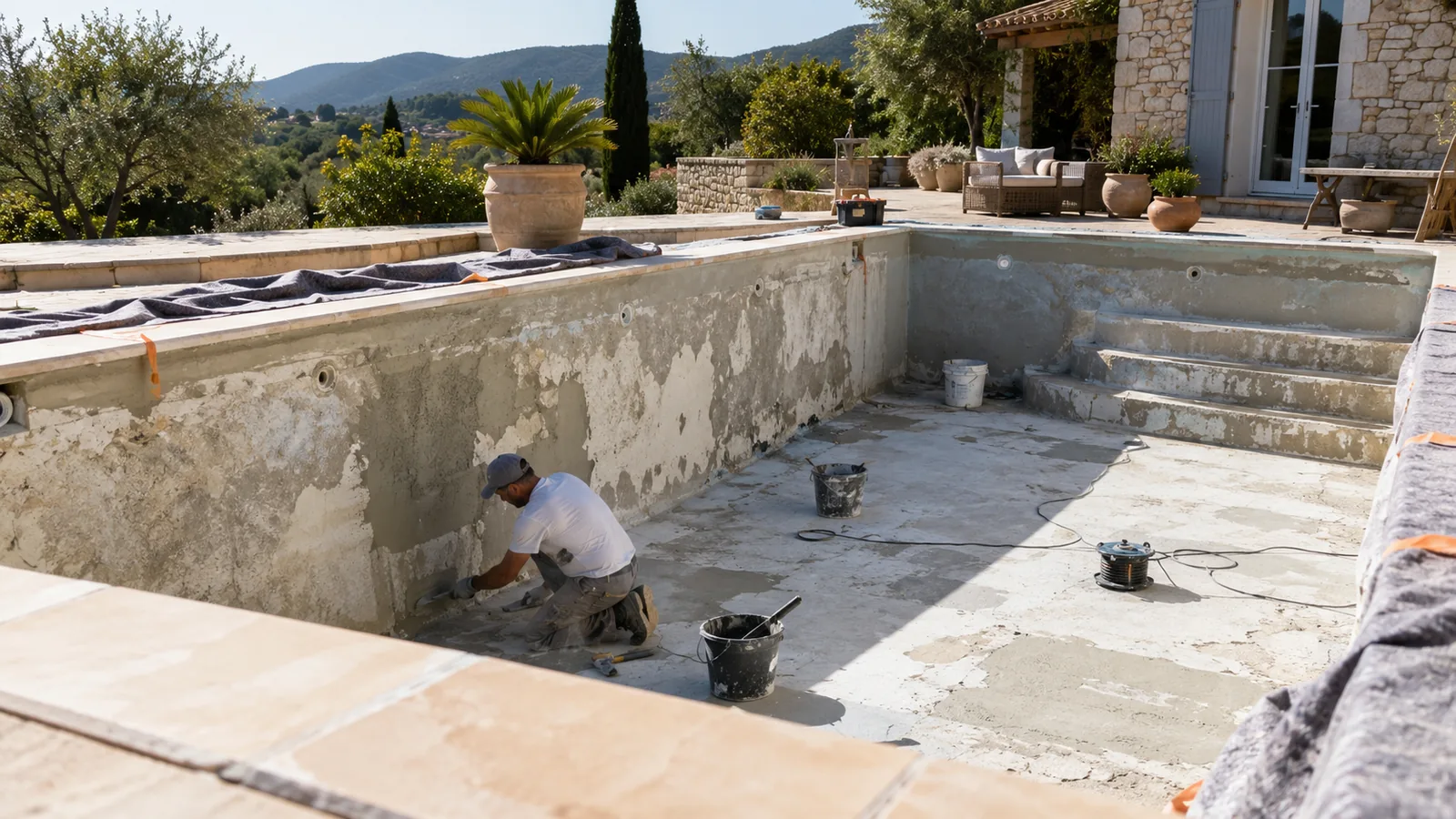 Rénover une piscine en béton : fissures, enduit, liner